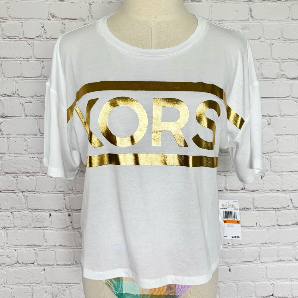 MICHAEL KORS White Gold Foil Cropped Short Sleeve Logo T-Shirt--NWT--S - Picture 2 of 15